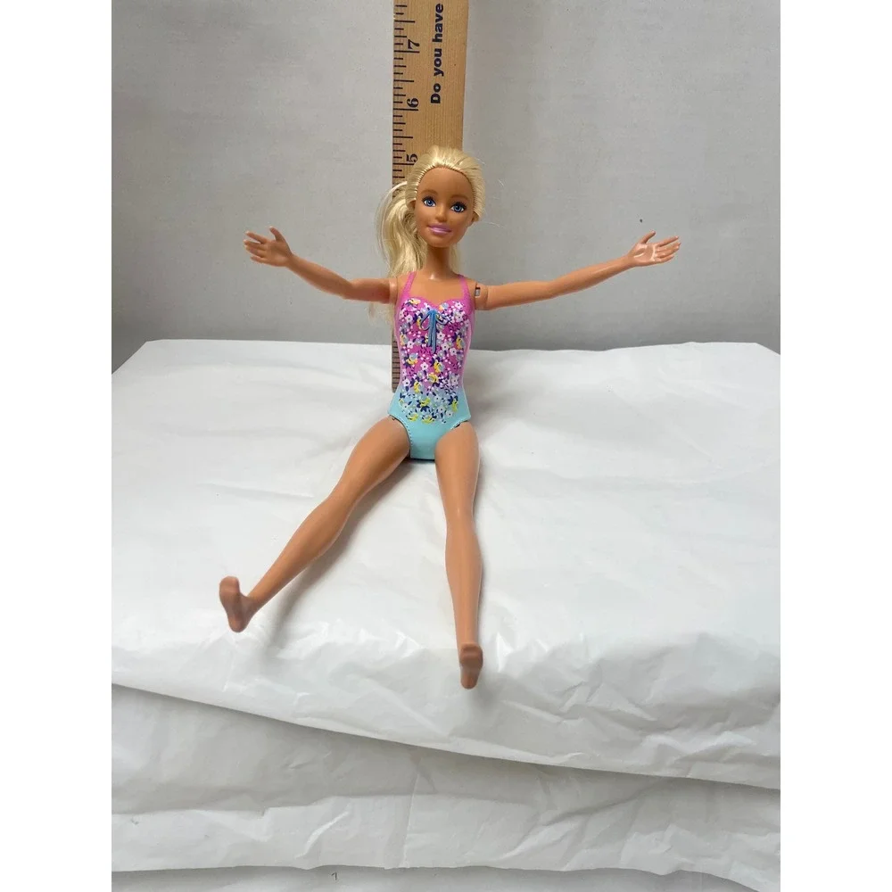 Mattel Barbie Doll 2019 Molded Pink Floral Swimsuit Blonde Hair Blue Eyes 11.5in